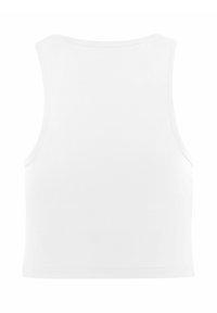 Top corto bianco senza maniche. Tessuto morbido e liscio con scollatura rotonda e orli rifiniti. Nessun motivo o design visibile.