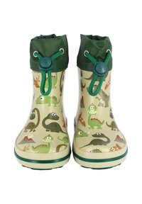 Bottes de pluie en caoutchouc vertes et beige avec un motif de dinosaur, finition texturée, dotées de bords en tissu vert ajustables et de fermetures à bascule bleues.