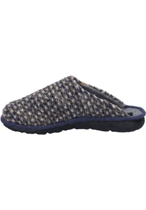 Wool slippers featuring a textured blue and beige woven pattern, open back, and a durable black rubber sole.
