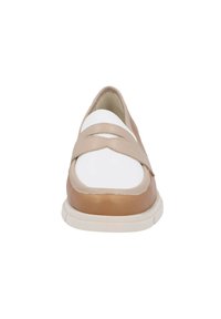 Slip-on shoes featuring a beige and white leather upper, a cross-strap design, and a light-colored rubber sole.