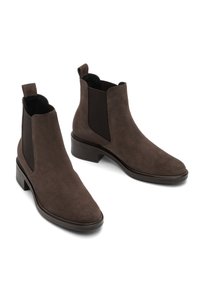Brown suede ankle boots with elastic side panels and a pull tab. Features a low block heel and smooth rubber sole.