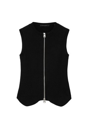 Czarna bezrękawnik z prążkowanego dzianego materiału, z przednim srebrnym zamkiem błyskawicznym i okrągłym dekoltem.