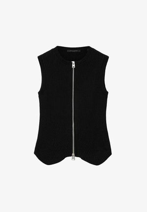 Czarna bezrękawnik z prążkowanego dzianego materiału, z przednim srebrnym zamkiem błyskawicznym i okrągłym dekoltem.