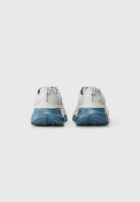 Running shoes with a white and light blue color scheme, breathable mesh upper, padded collar, and textured blue outsole for grip.