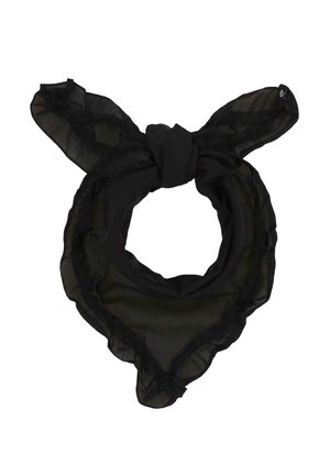 Schwarzes transparentes quadratisches Tuch mit gerafften Kanten, gefaltet und zu einem Knoten gebunden.