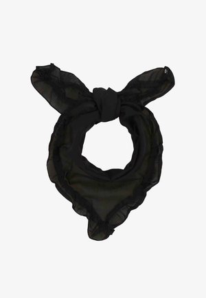 Schwarzes transparentes quadratisches Tuch mit gerafften Kanten, gefaltet und zu einem Knoten gebunden.