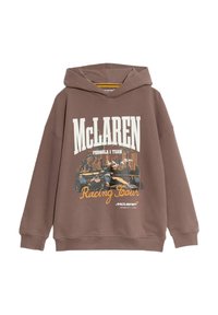 Hnědá mikina s kapucí s grafickým potiskem závodního auta a textem "McLAREN Formula 1 Team Racing Tour" v bílé a oranžové barvě. Měkká tkanina, volný střih.