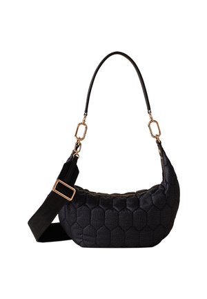 Black hexagon-patterned handbag with a textured surface, featuring a gold-tone chain and adjustable strap for versatility.