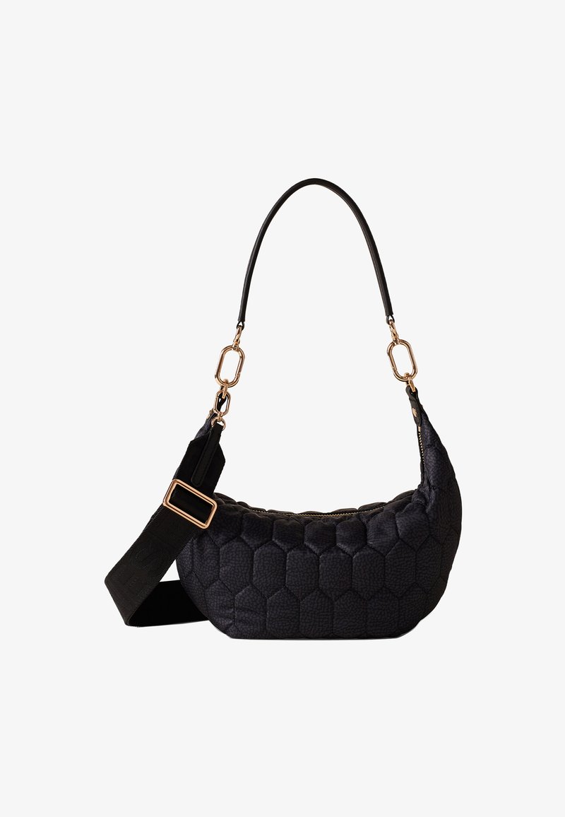 Black hexagon-patterned handbag with a textured surface, featuring a gold-tone chain and adjustable strap for versatility.