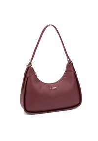 Borsa hobo in pelle bordeaux con una texture liscia, forma curvata, tracolla e zip in tonalità oro. Presenta dettagli con il logo.
