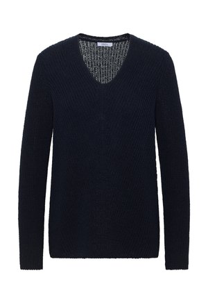 Maglione lavorato a maglia di colore blu navy scuro con maniche lunghe e scollo a V, con una trama media e una forma aderente.