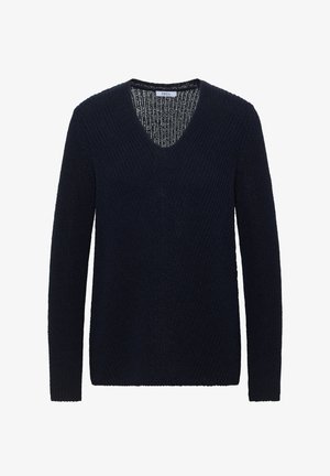 Donker marineblauwe gebreide trui met lange mouwen en een V-halskraag, met een medium textuur en een getailleerde pasvorm.