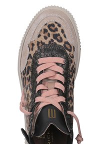 Sneakers winnie w panterkę z beżowym zamszem i czarnymi akcentami przypominającymi skórę węża. Różowe sznurówki i czarny język z złotym detalem brandingowym.