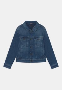Dark blue denim jacket with long sleeves, front buttons, two chest pockets, and a collared neckline. Light fading on the fabric.