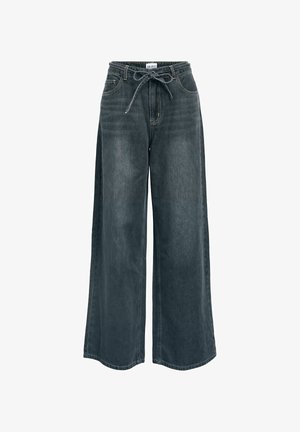 Široke jeans hlače v temno sivi barvi. Imajo vrvico za prilagajanje v pasu, sprednje žepe in opazne šive, kar ponuja sproščen kroj.