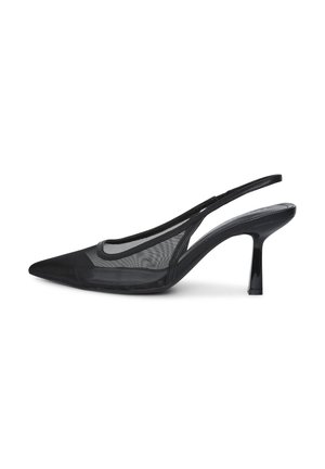 Scarpa slingback nera con punta appuntita, tomaia in rete trasparente, tacco slanciato e design elegante. Accenti lucidi sul tacco.