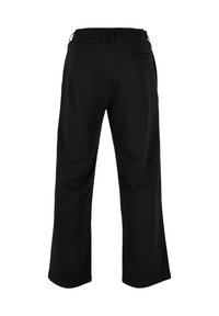 Pantalones de pierna ancha negros con trabillas y un único bolsillo trasero de ojal, mostrados desde la parte posterior sobre un fondo blanco.