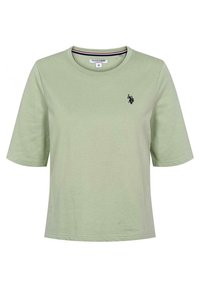 Světle zelené tričko U.S. Polo Assn. s krátkým rukávem, kulatým výstřihem a malým černým logem polo hráče na levé hrudi.
