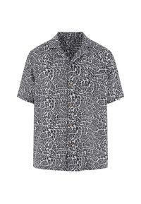 Short-sleeve shirt featuring a swirling black and white text pattern with "GUESS" logo, classic collar, and button front closure.
