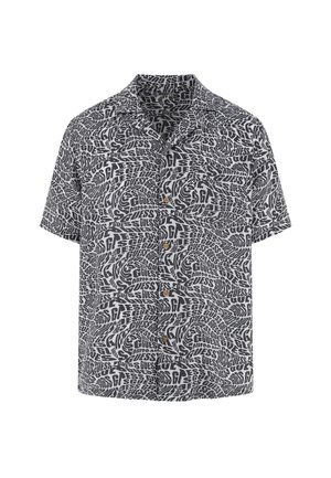 Short-sleeve shirt featuring a swirling black and white text pattern with "GUESS" logo, classic collar, and button front closure.