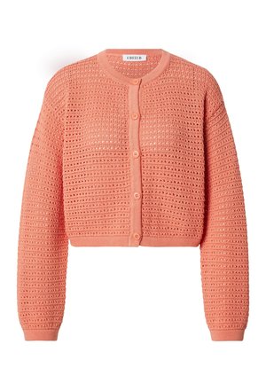 Coral pink crochet knit cardigan with long sleeves, round neckline, five front buttons, and cropped length.