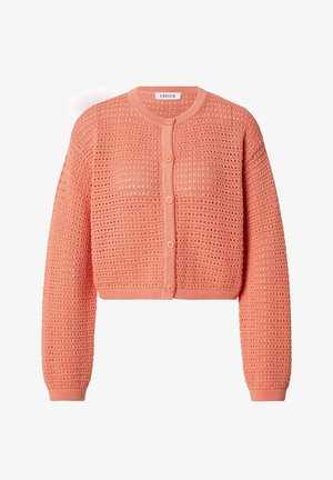 Coral pink crochet knit cardigan with long sleeves, round neckline, five front buttons, and cropped length.