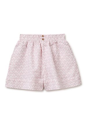 Rosa-weiß gemusterte Shorts mit elastischem Bund, zwei kleinen Holzknöpfen vorne und einem dezenten Muscheldesign.