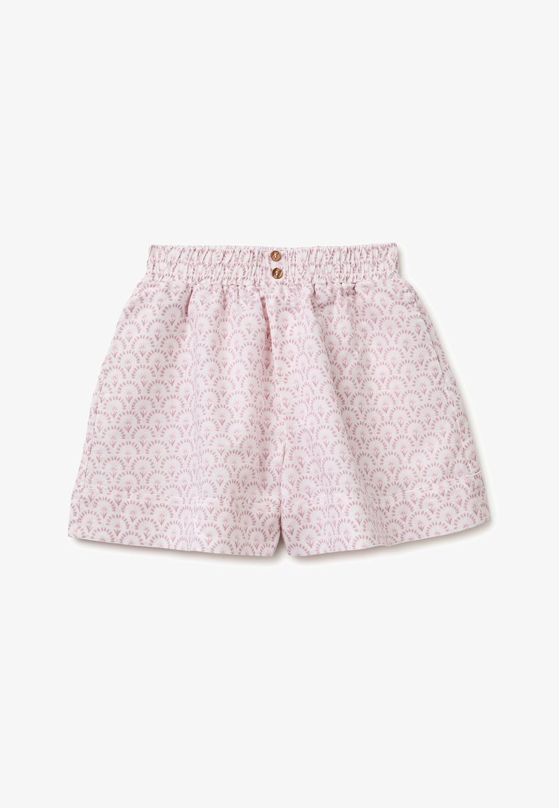 Rosa-weiß gemusterte Shorts mit elastischem Bund, zwei kleinen Holzknöpfen vorne und einem dezenten Muscheldesign.