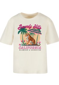 Cremfarbene T-Shirt mit einem grafischen Druck eines Tigers, Palmen und dem Text "Beverly Hills California Glamour & Sunshine."