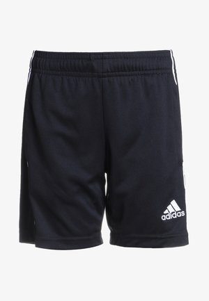 Pantalones cortos deportivos negros hechos de una tela suave, con una cinturilla elástica, rayas laterales y un logo blanco de Adidas en la parte inferior derecha.