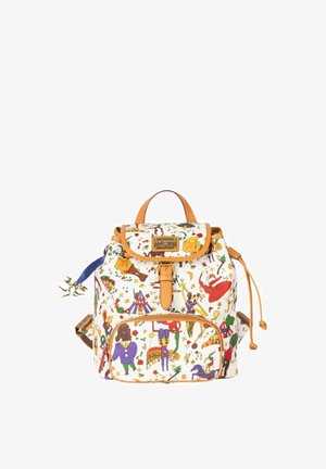 Zaino piccolo con illustrazioni colorate a tema circo e rifiniture in pelle marrone chiaro, dotato di tasca anteriore e chiusura con coulisse.