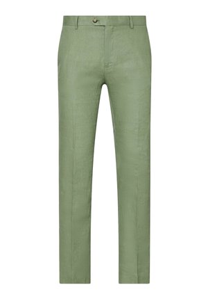 Pantalon slim pour homme en lin vert olive clair avec fermeture bouton et zip, poches avant et passants pour ceinture.