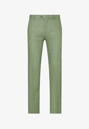 Pantalon slim pour homme en lin vert olive clair avec fermeture bouton et zip, poches avant et passants pour ceinture.