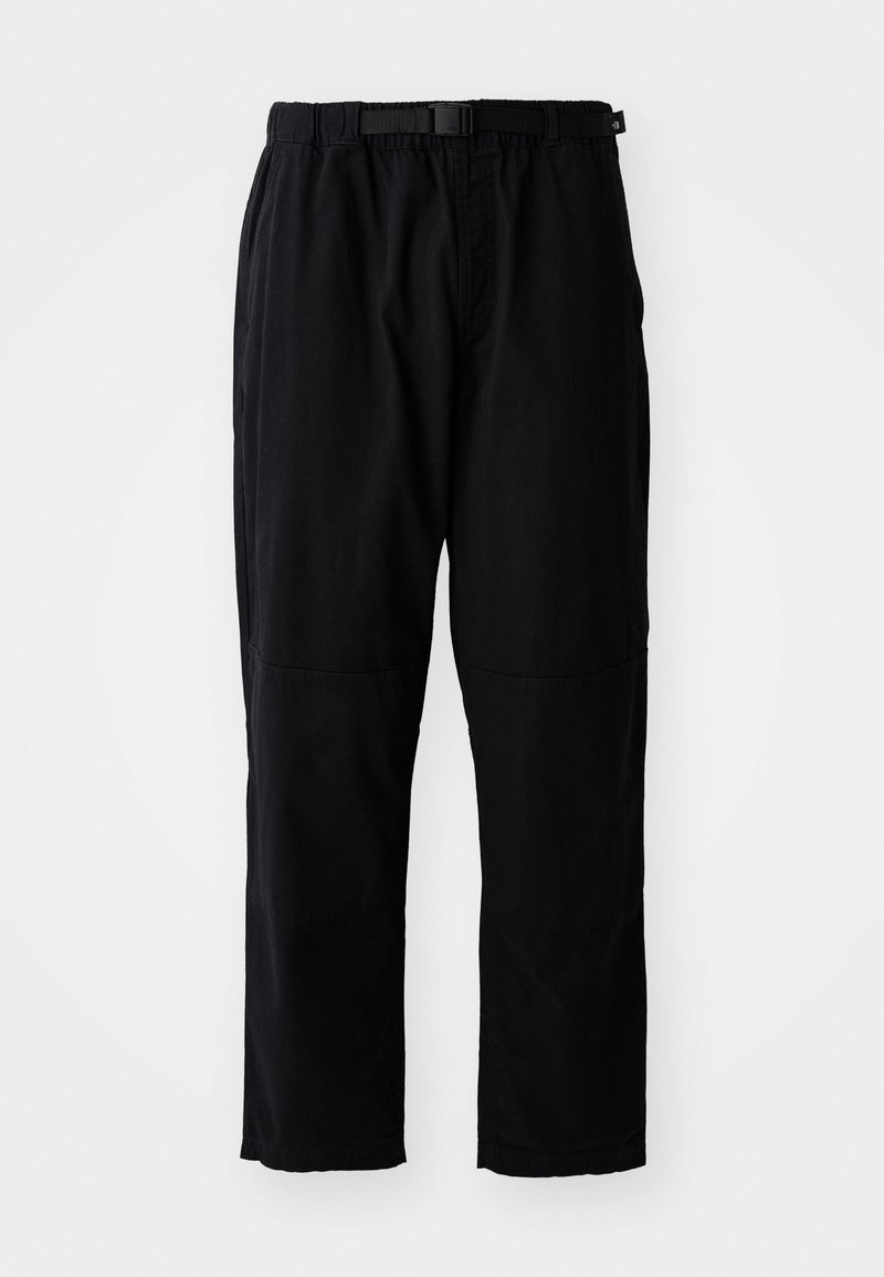 Black, lightweight pants with a straight cut, elastic waistband, adjustable belt, and reinforced knee patches. No visible patterns or accents.