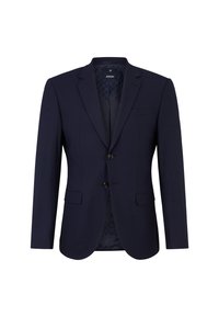 Blazer blu marina con vestibilità su misura, rever a punta, due tasche frontali e chiusura con un bottone. Presenta una fodera interna con motivo.
