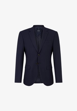 Navy blazer with a tailored fit, notch lapels, two front pockets, and one-button closure. Features a patterned interior lining.
