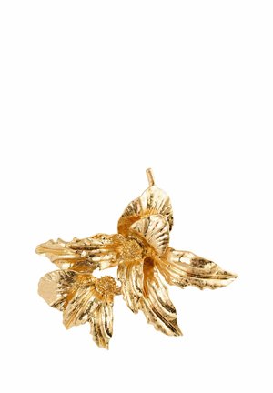 Goldenes Blumenbrosche mit komplizierten Blatt- und Blütenmustern, texturierten Oberflächen und zentralen Blumenakzenten für zusätzliche Details.