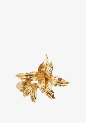 Gold floral brooch featuring intricate leaf and flower designs, with textured surfaces and central flower accents for added detail.