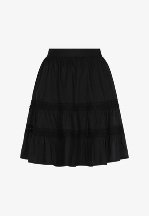 Sort bomuldsnederdel med tierede flæser og detaljeret blondeudsmykning ved sømmene. Elastisk taljebånd for justerbar pasform.