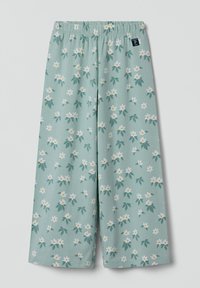 Lichtgroene wijde broek met een bloemmotief van witte bloemen en groene bladeren. Elastische tailleband voor comfort.