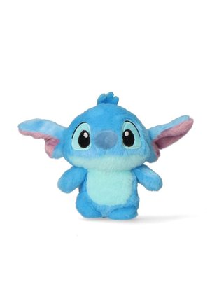 Piccolo peluche blu con grandi orecchie, grandi occhi neri e pancia di un azzurro più chiaro, in piedi su uno sfondo bianco.