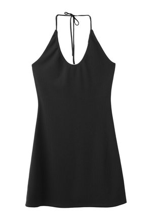 Črna obleka brez rokavov s halter izrezom, okroglim izrezom in tankimi trakovi okoli vratu, rahlo se razširja proti spodnjemu robu.