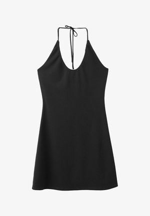 Sort ærmeløs halterkjole med en rund udskæring og tynde bindebånd ved halsen, der svajer let ud mod sømmen.