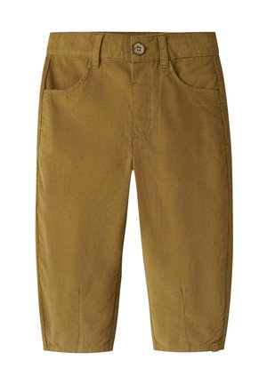 Pantalon brun pour tout-petit avec bouton sur le devant, passants de ceinture et poches avant, confectionné en tissu doux avec une coupe droite.