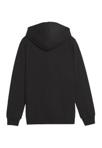 Schwarzer Hoodie mit weicher Textur, großer Kapuze, langen Ärmeln sowie gerippten Bündchen und Saum. Schlichtes Design ohne zusätzliche Details.
