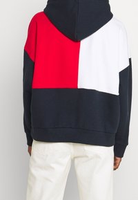 Felpa con cappuccio a blocchi di colore con pannelli blu navy, rossi e bianchi; tessuto in cotone; modello a girocollo con cappuccio e polsini e orlo a coste.