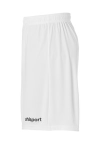 Witte sportshorts met een elastische tailleband, gemaakt van lichtgewicht materiaal, met een zwart "uhlsport" logo aan de onderkant aan de linkerzijde.