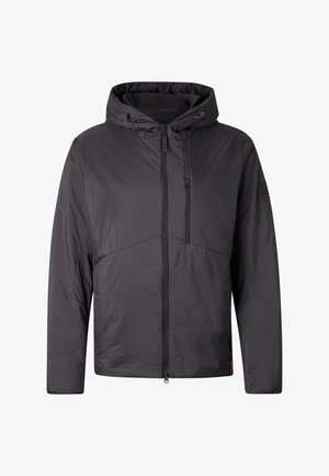 Sort hættejakke med frontlynlås, brystlomme og snore i hætten, designet til koldt vejr.