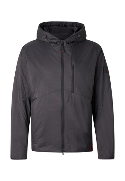 Zwarte kapjas met rits aan de voorkant, borstzak en aantrekkoorden op de capuchon, ontworpen voor koud weer.