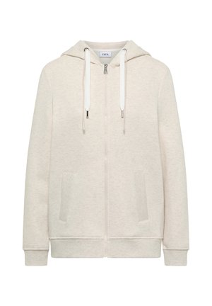 Sweat à capuche beige clair zippé avec poches avant, manches longues, poignets et ourlet côtelés, capuche à cordon, et petite étiquette de marque visible à l'intérieur du col.